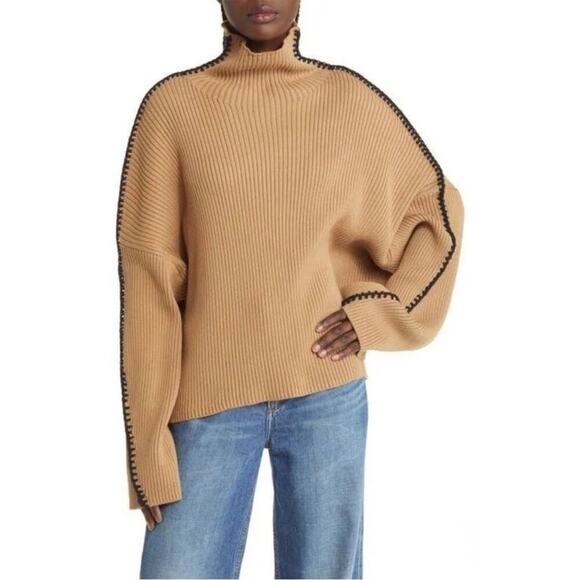 Rag & Bone Tan Ally Ingrid Whipstitch Detail Mock Neck Sweater in Khaki XS - Picture 1 of 9